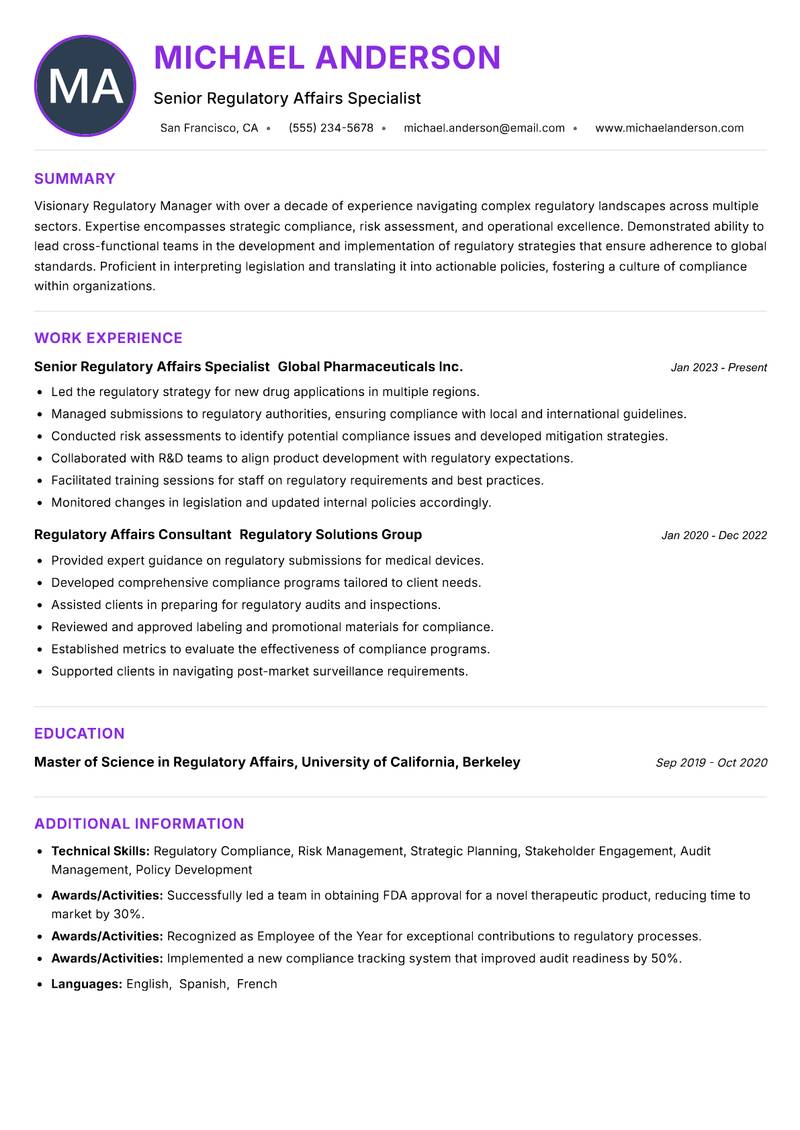 Regulatory Manager Resume Preview Example