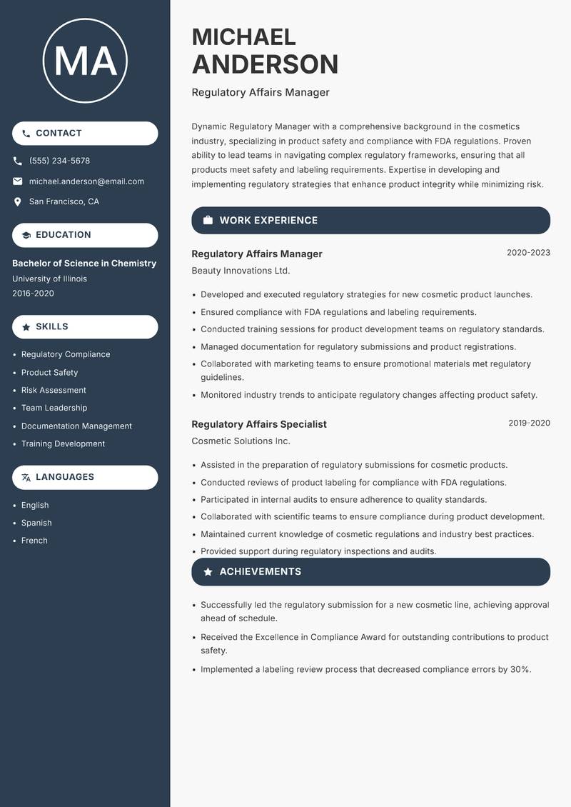 Regulatory Manager Resume Preview Example