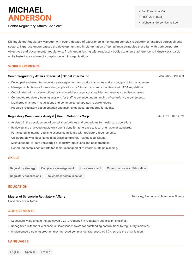 Regulatory Manager Resume Template