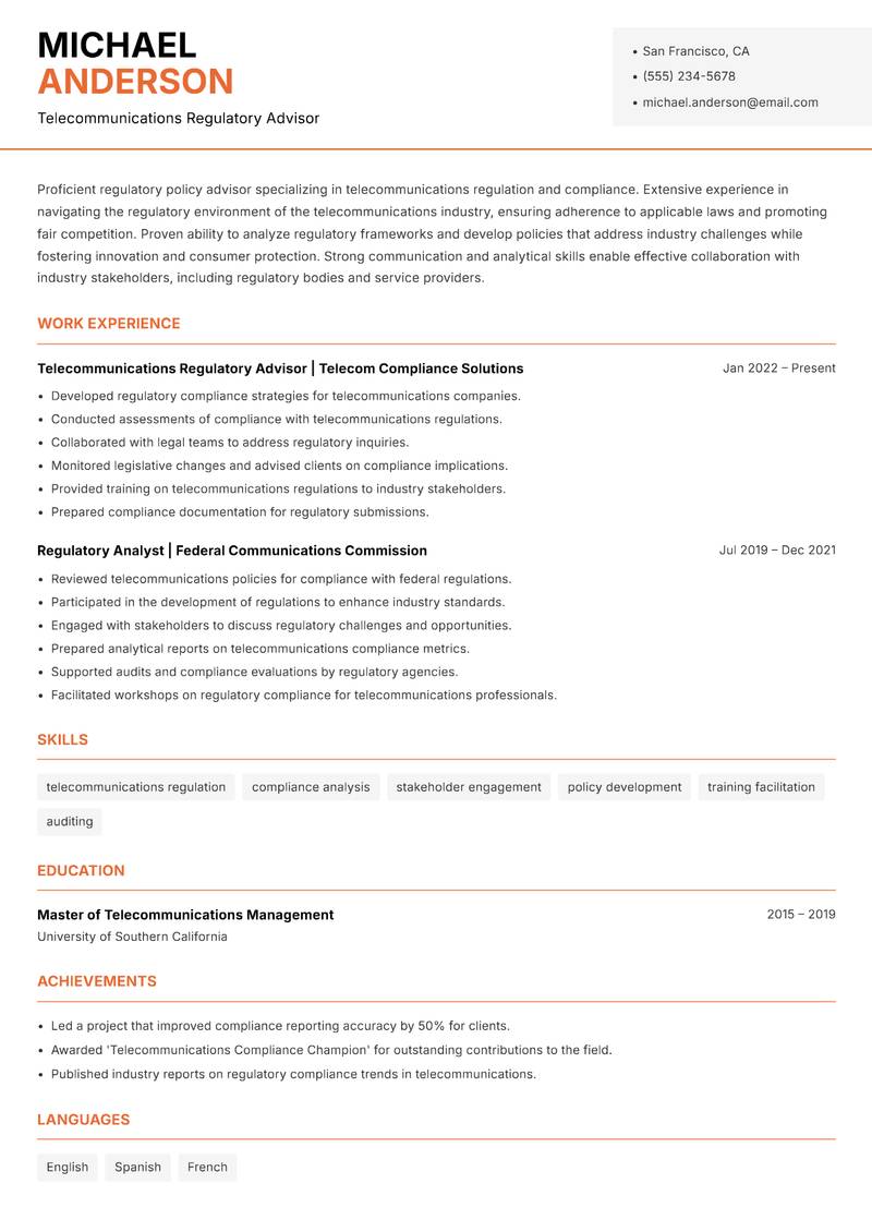Regulatory Policy Advisor Resume Template