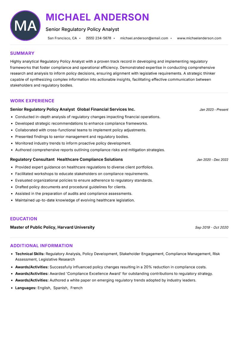 Regulatory Policy Analyst Resume Preview Example