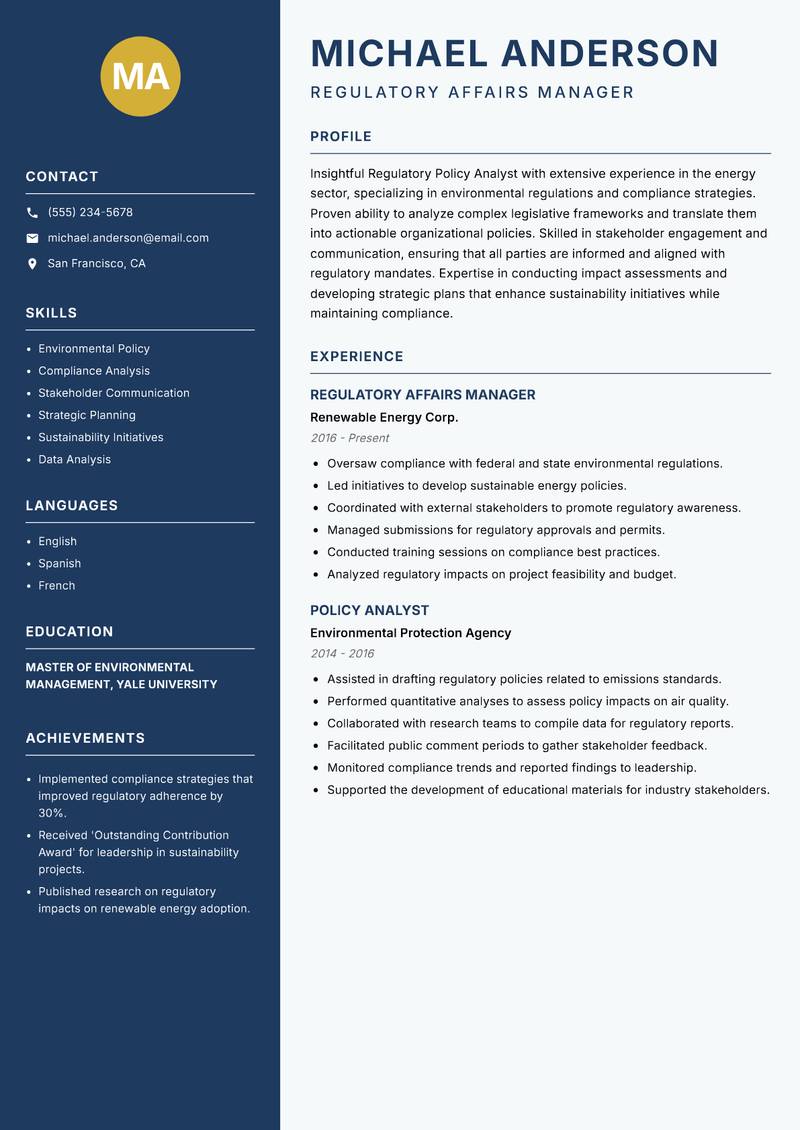 Regulatory Policy Analyst Resume Preview Example