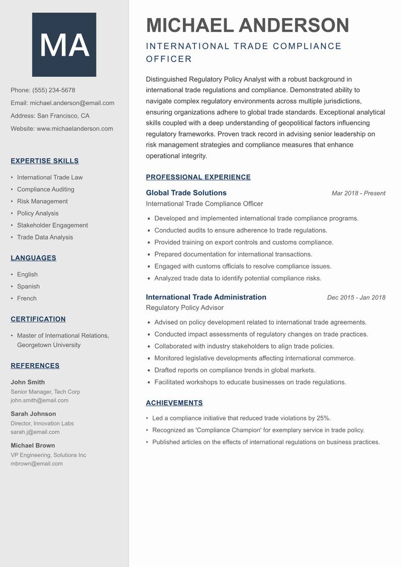 Regulatory Policy Analyst Resume Preview Example