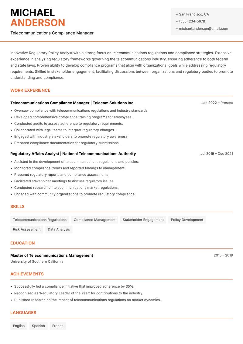 Regulatory Policy Analyst Resume Template