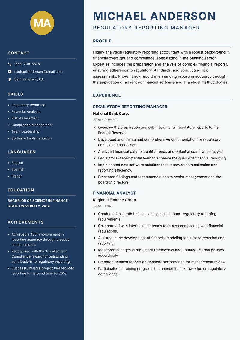 Regulatory Reporting Accountant Resume Preview Example