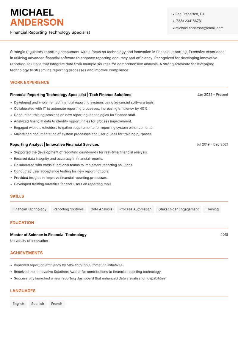 Regulatory Reporting Accountant Resume Template