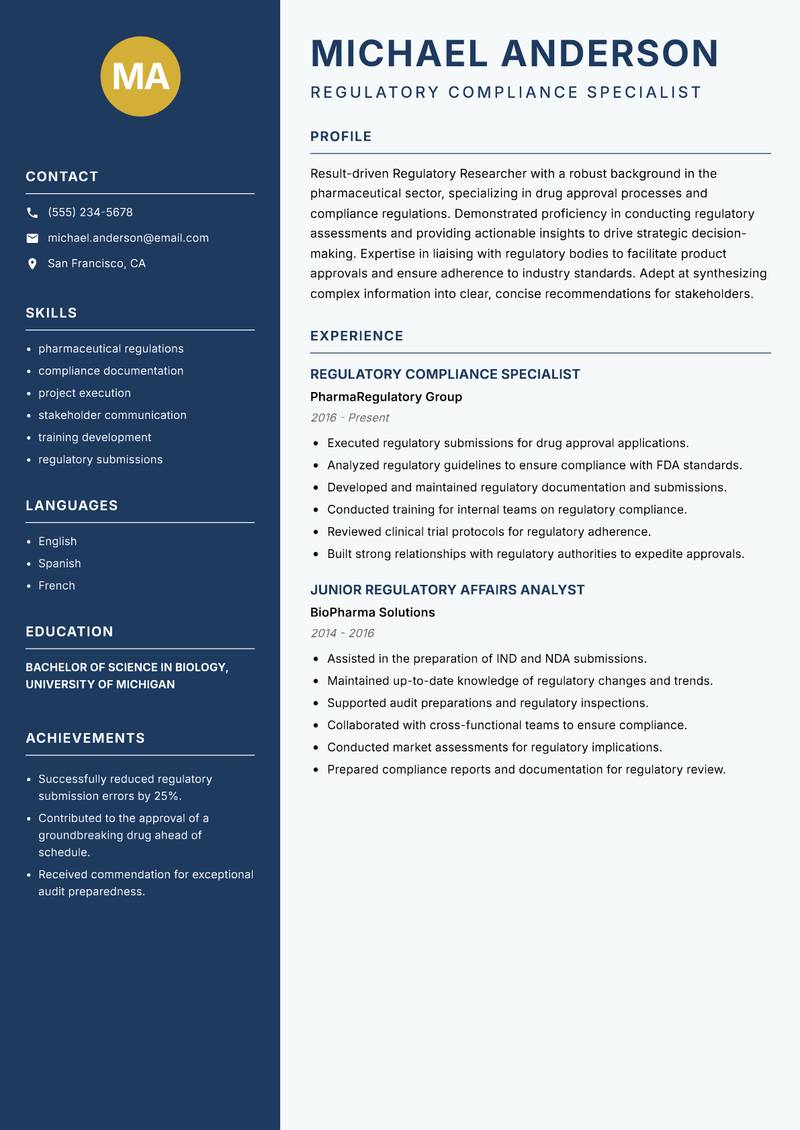 Regulatory Researcher Resume Preview Example