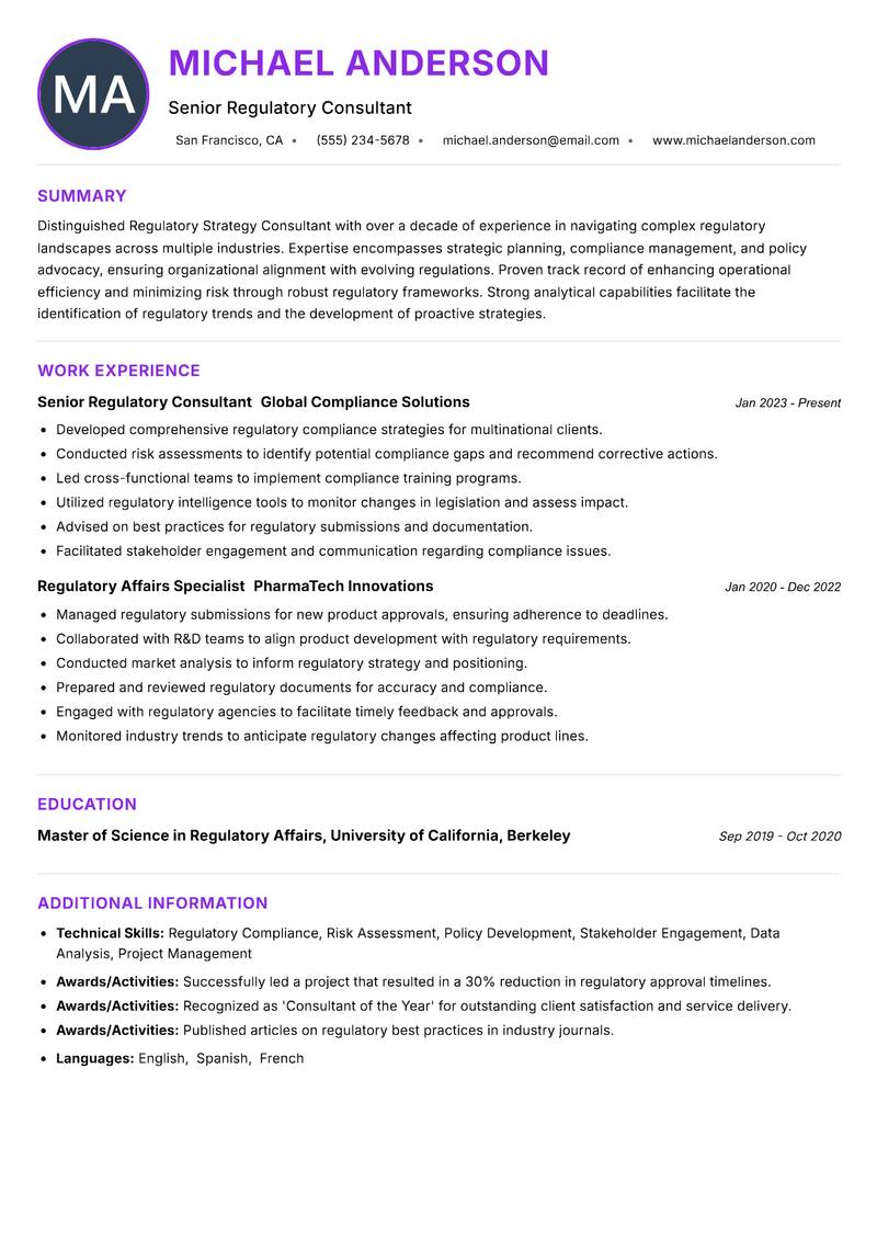 Regulatory Strategy Consultant Resume Preview Example