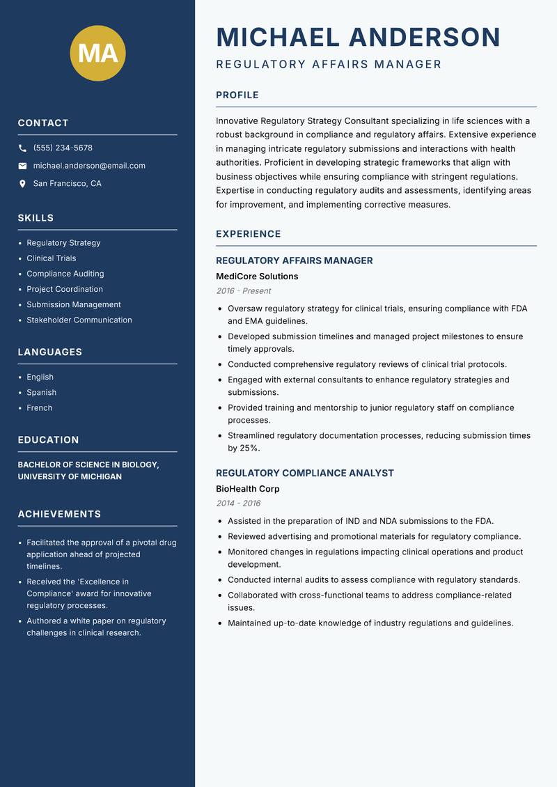 Regulatory Strategy Consultant Resume Preview Example