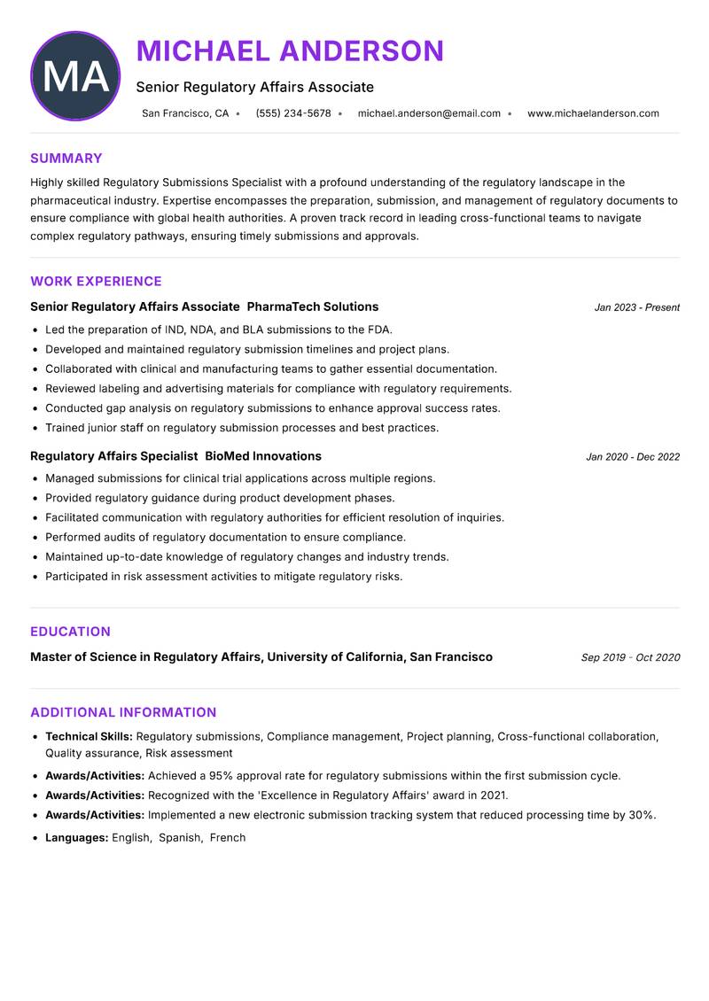 Regulatory Submissions Specialist Resume Preview Example