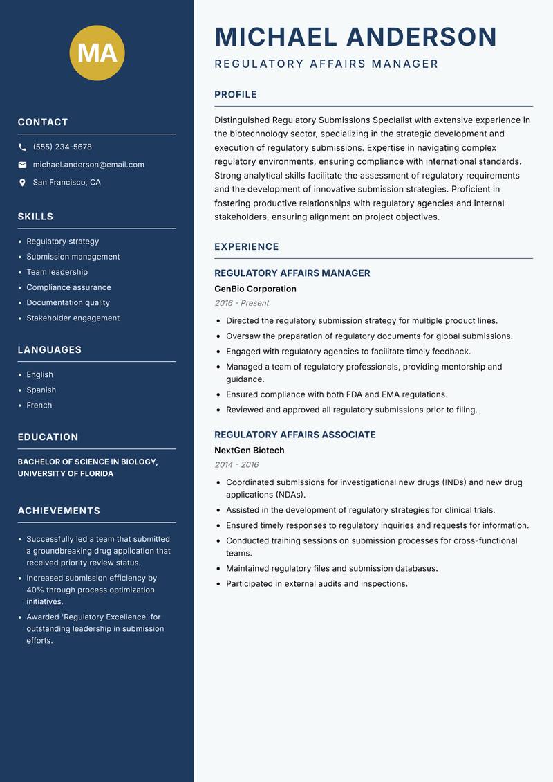 Regulatory Submissions Specialist Resume Preview Example