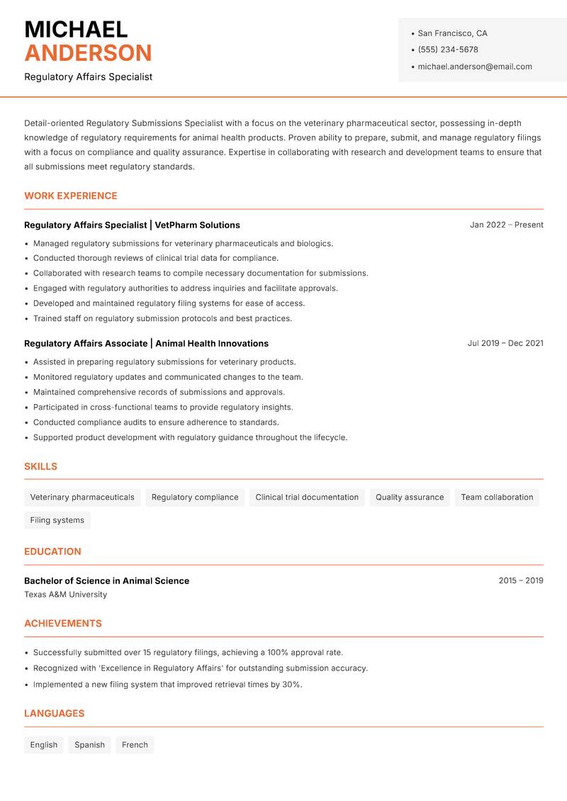 Regulatory Submissions Specialist Resume Template