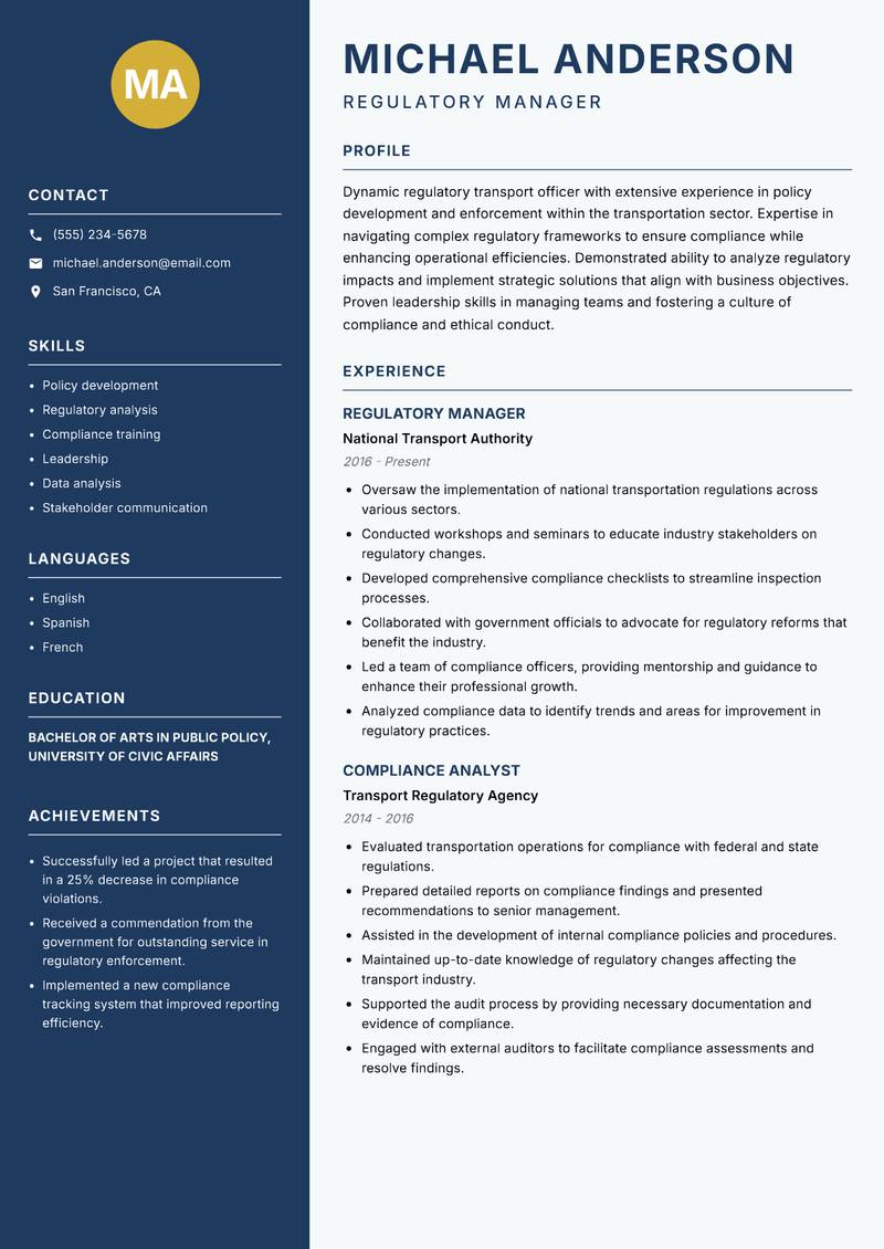 Regulatory Transport Officer Resume Preview Example