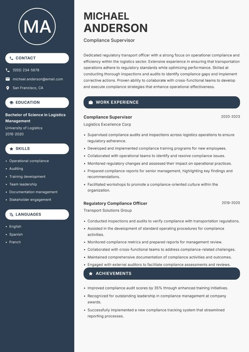 Regulatory Transport Officer Resume Preview Example
