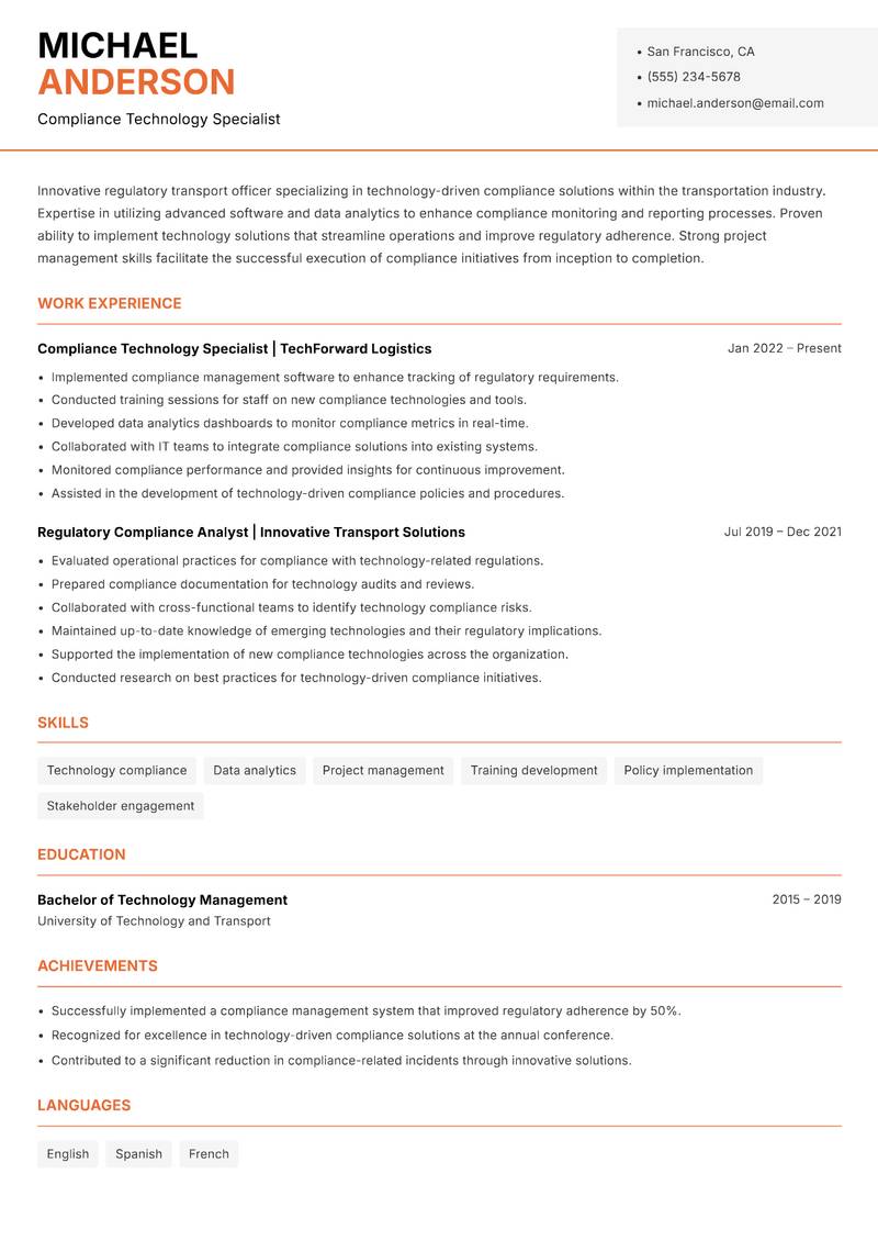 Regulatory Transport Officer Resume Template