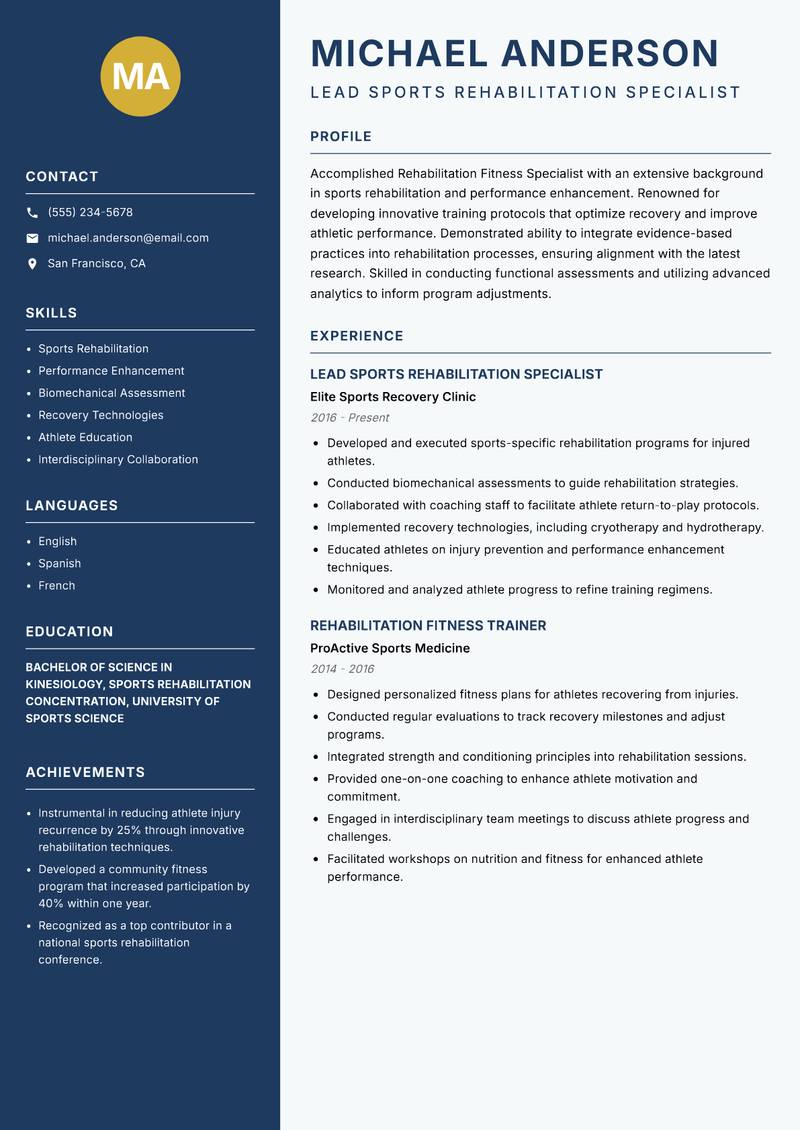 Rehabilitation Fitness Specialist Resume Preview Example