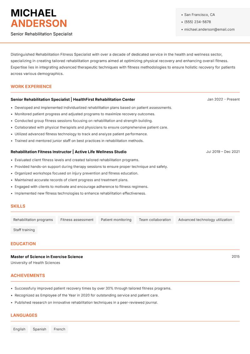 Rehabilitation Fitness Specialist Resume Template