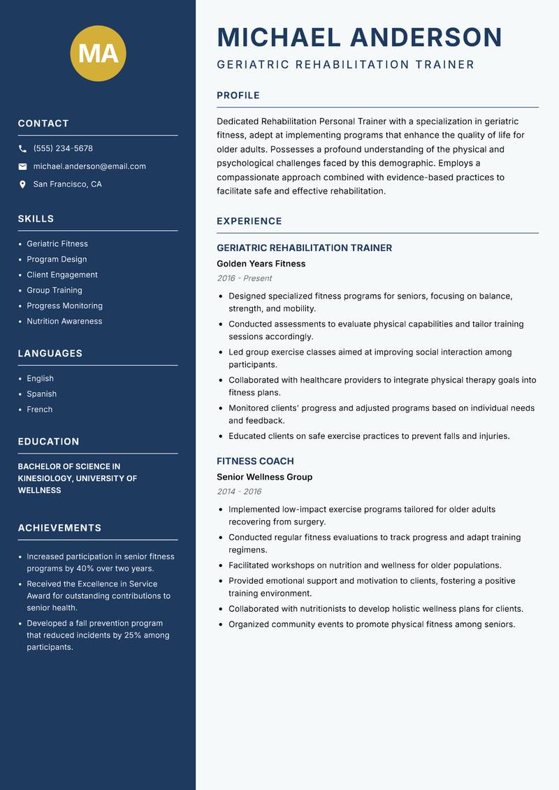 Rehabilitation Personal Trainer Resume Preview Example