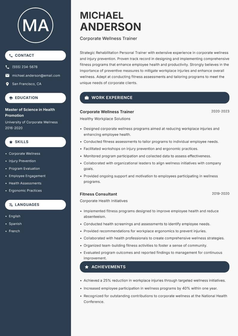 Rehabilitation Personal Trainer Resume Preview Example