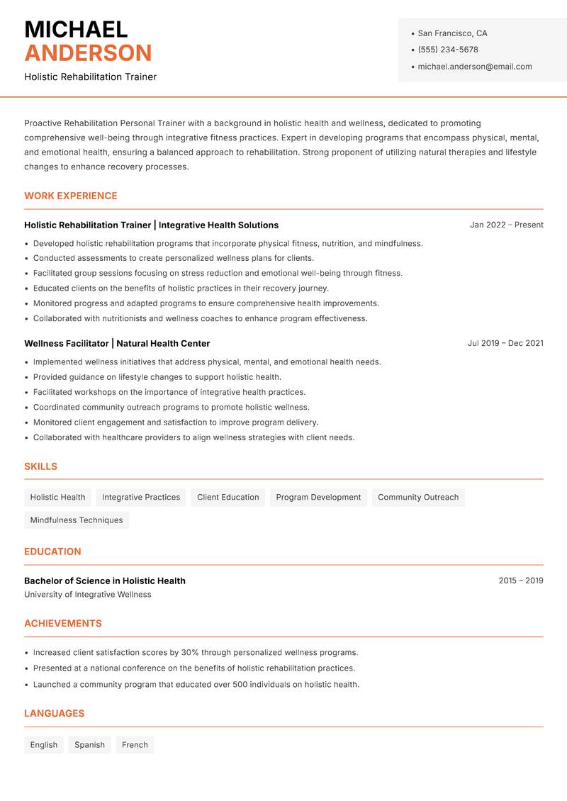 Rehabilitation Personal Trainer Resume Template