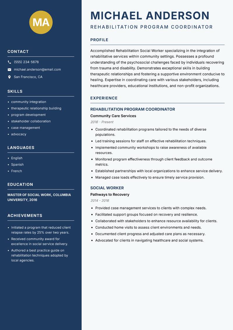 Rehabilitation Social Worker Resume Preview Example