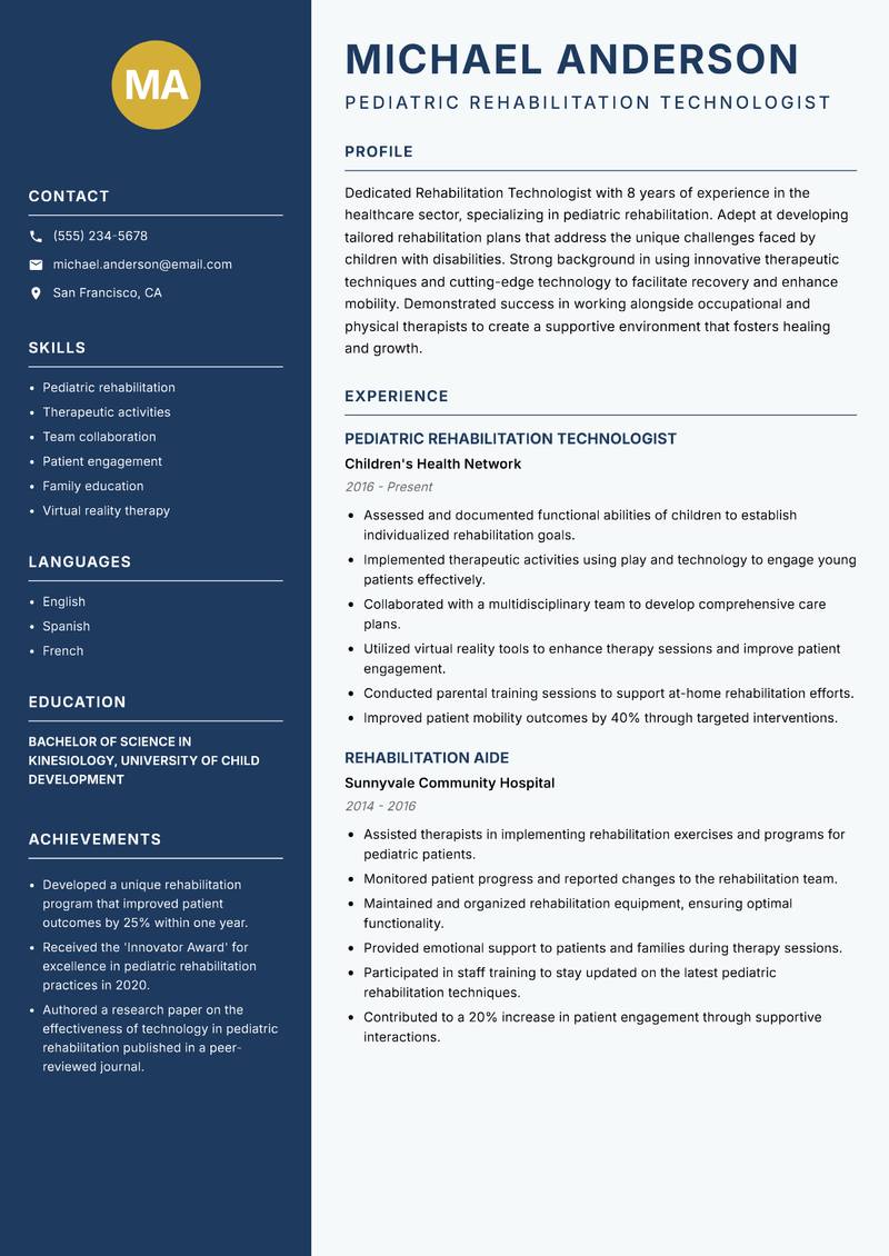 Rehabilitation Technologist Resume Preview Example