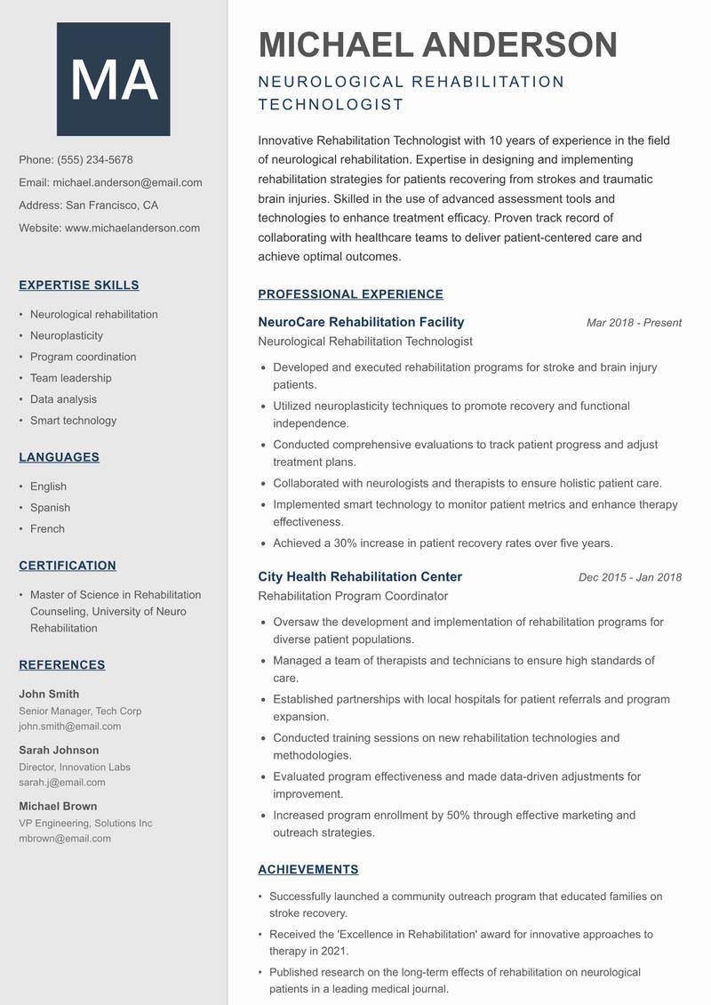 Rehabilitation Technologist Resume Preview Example