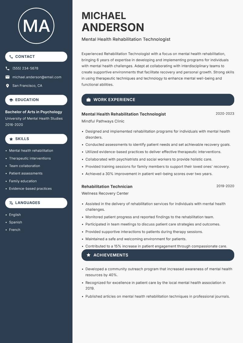 Rehabilitation Technologist Resume Preview Example