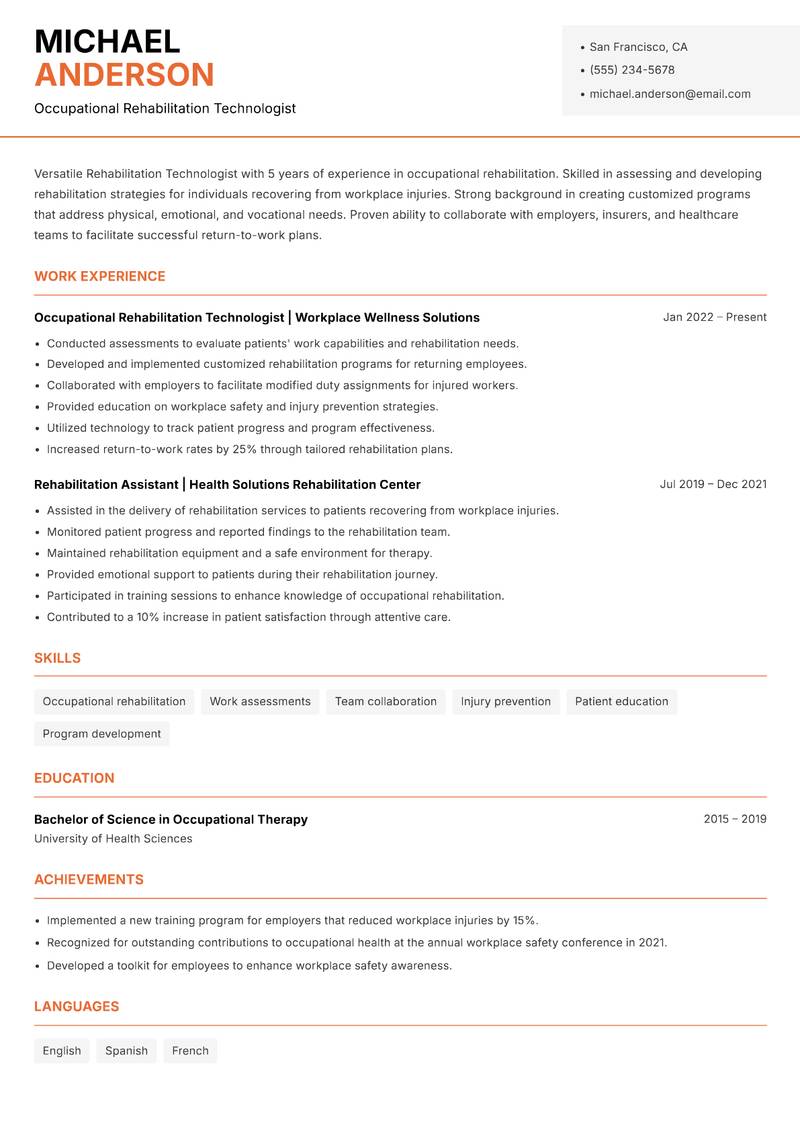 Rehabilitation Technologist Resume Template