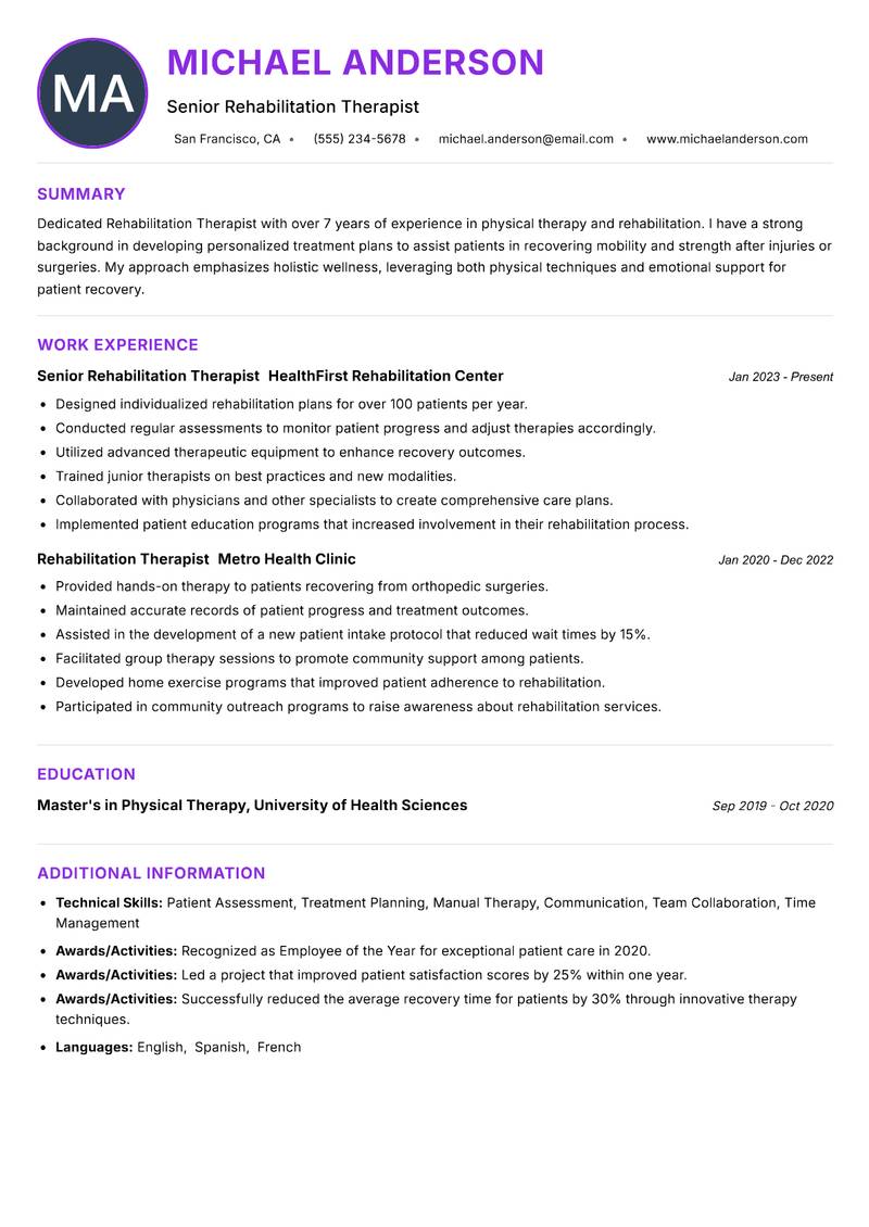 Rehabilitation Therapist Resume Preview Example