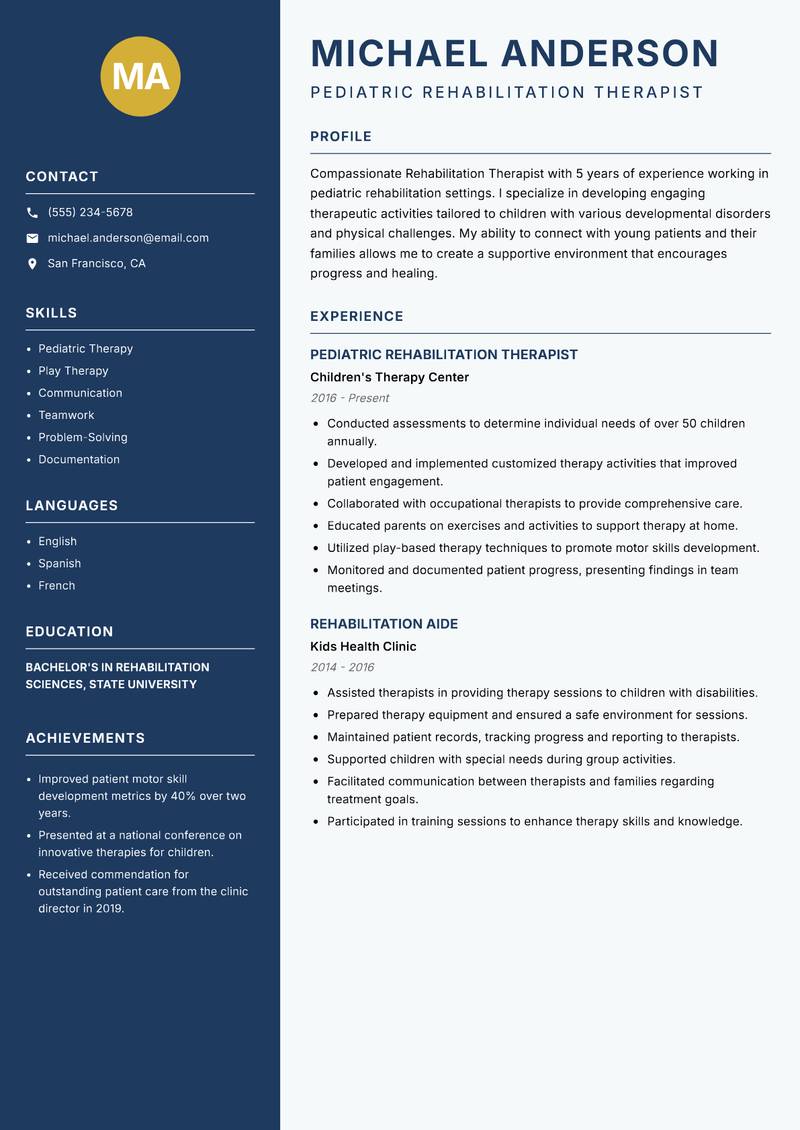 Rehabilitation Therapist Resume Preview Example