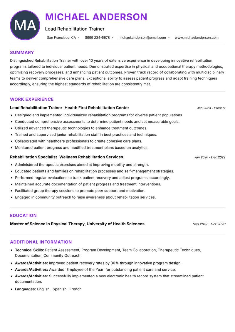 Rehabilitation Trainer Resume Preview Example
