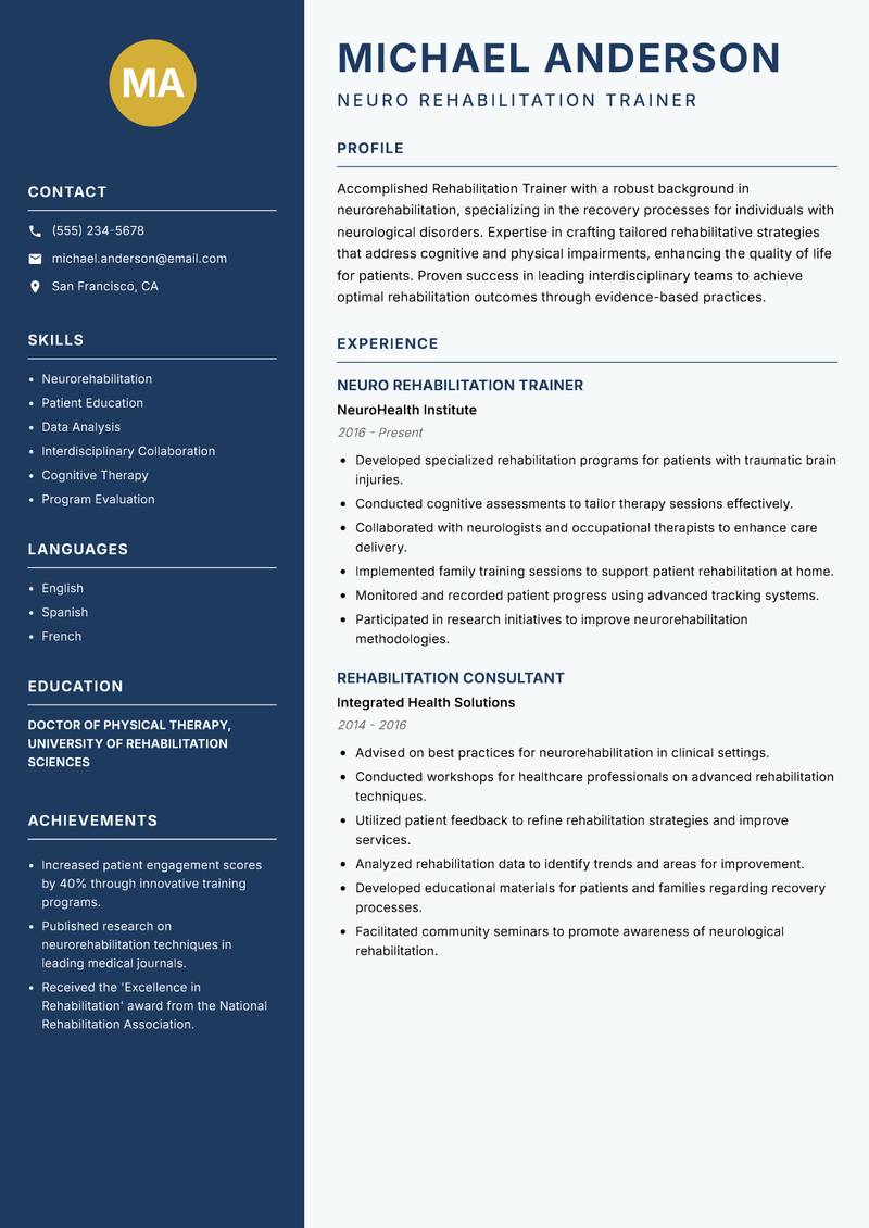 Rehabilitation Trainer Resume Preview Example
