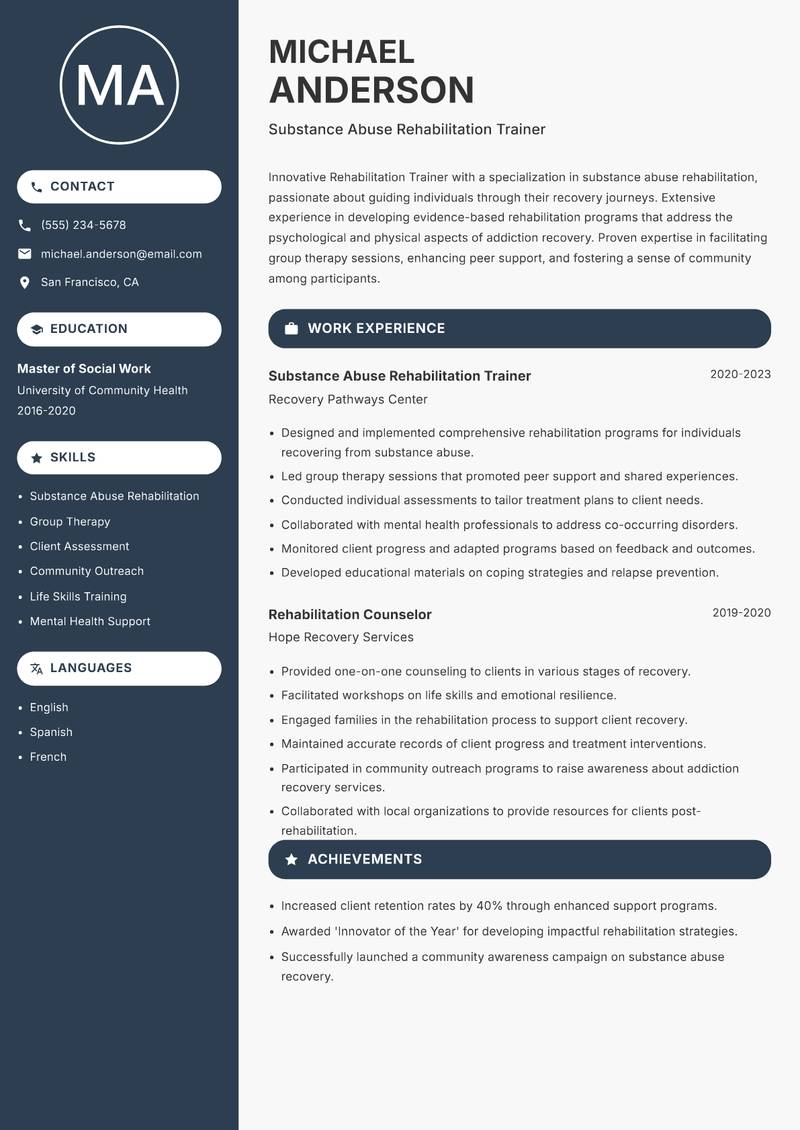 Rehabilitation Trainer Resume Preview Example