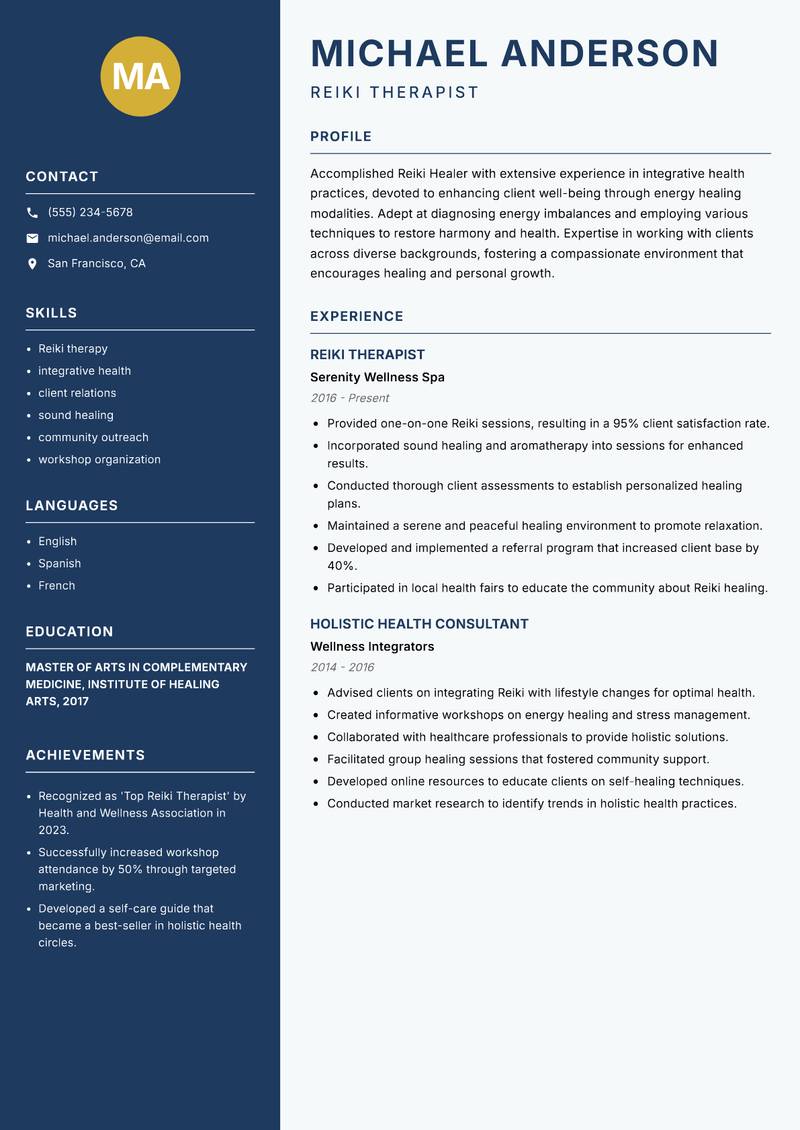 Reiki Healer Resume Preview Example