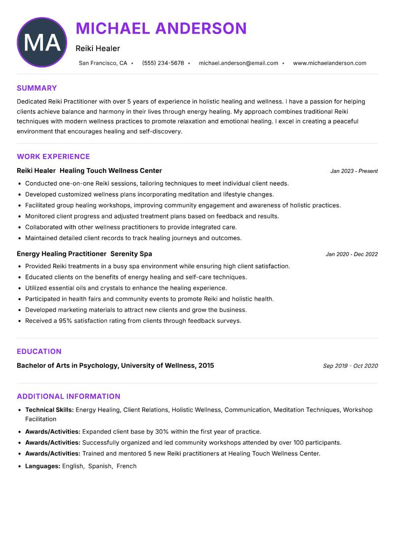 Reiki Practitioner Resume Preview Example