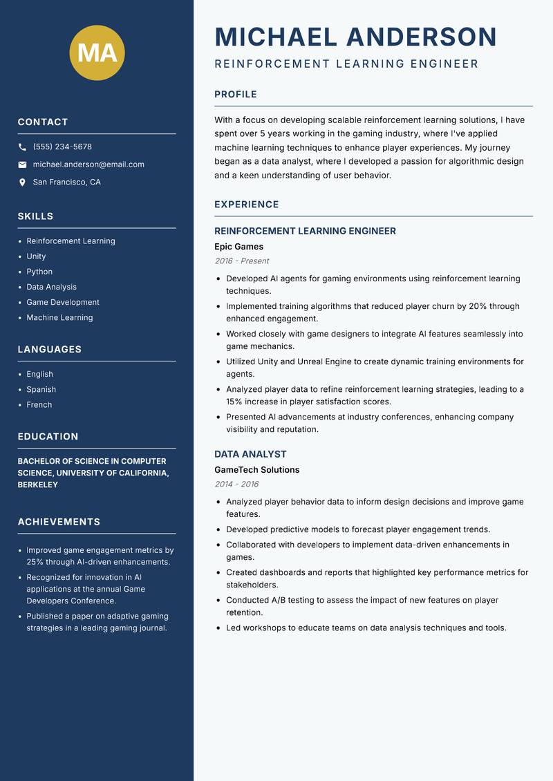 Reinforcement Learning Engineer Resume Preview Example
