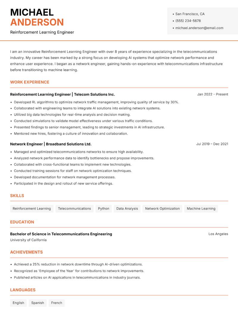 Reinforcement Learning Engineer Resume Template