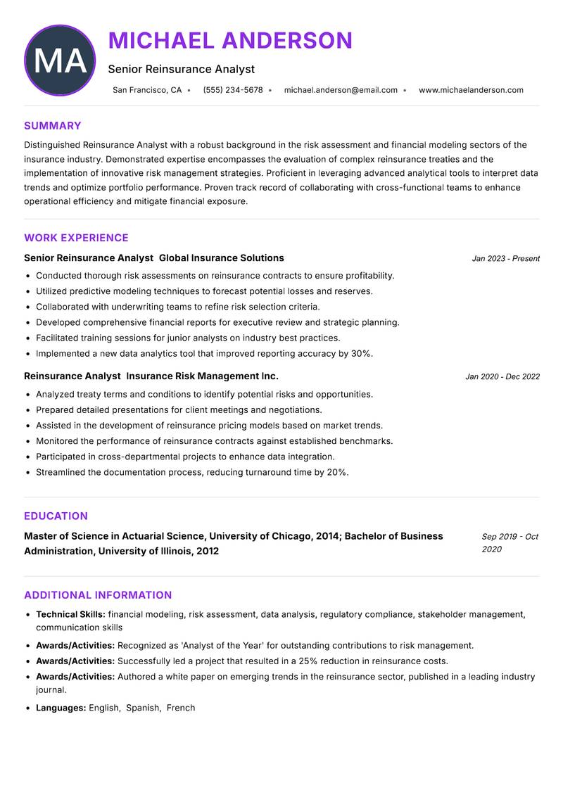 Reinsurance Analyst Resume Preview Example