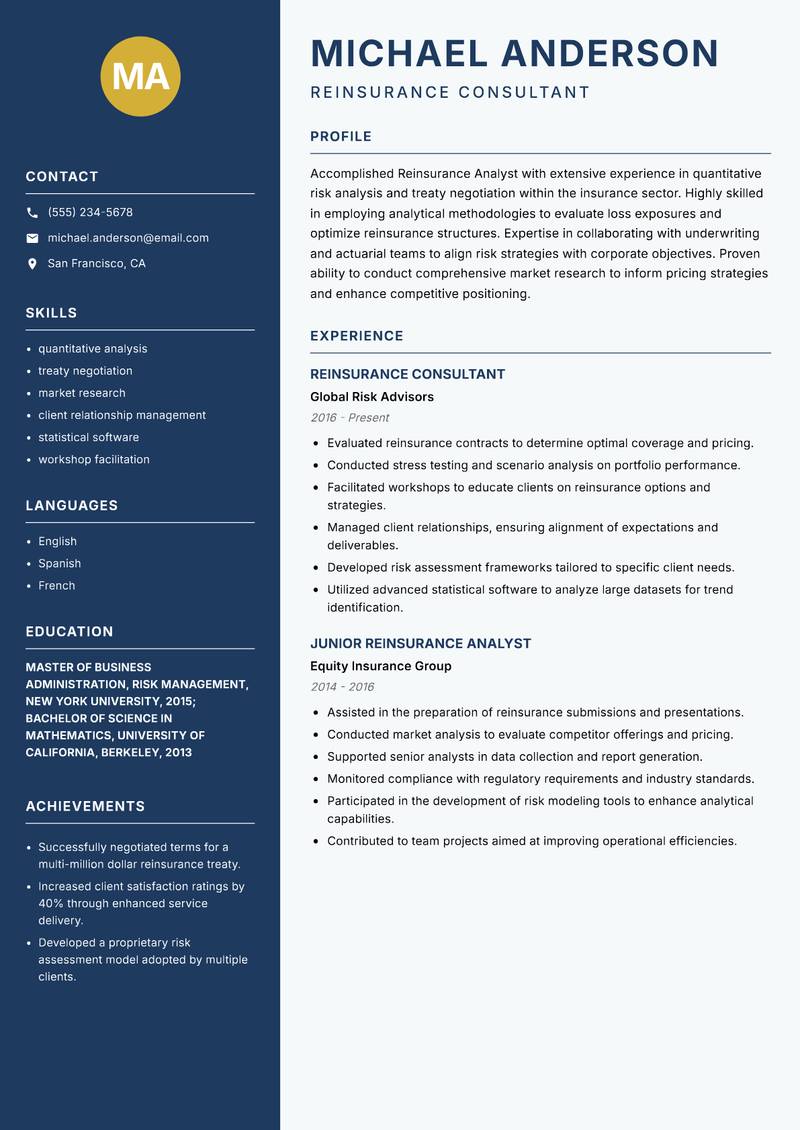 Reinsurance Analyst Resume Preview Example