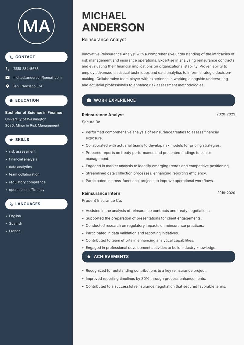 Reinsurance Analyst Resume Preview Example