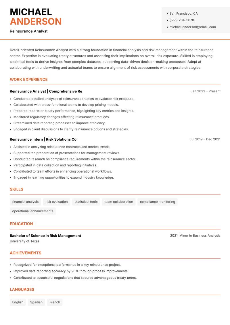 Reinsurance Analyst Resume Template
