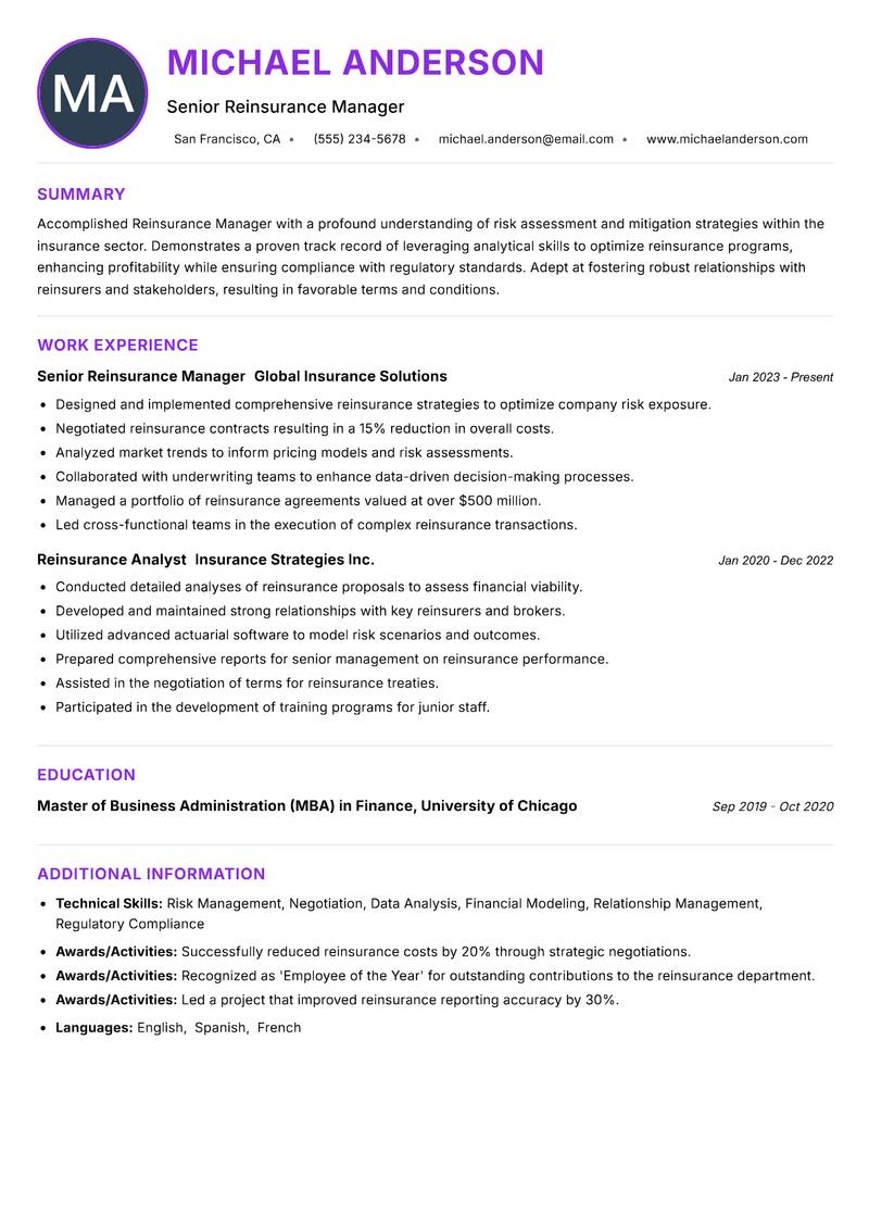 Reinsurance Manager Resume Preview Example