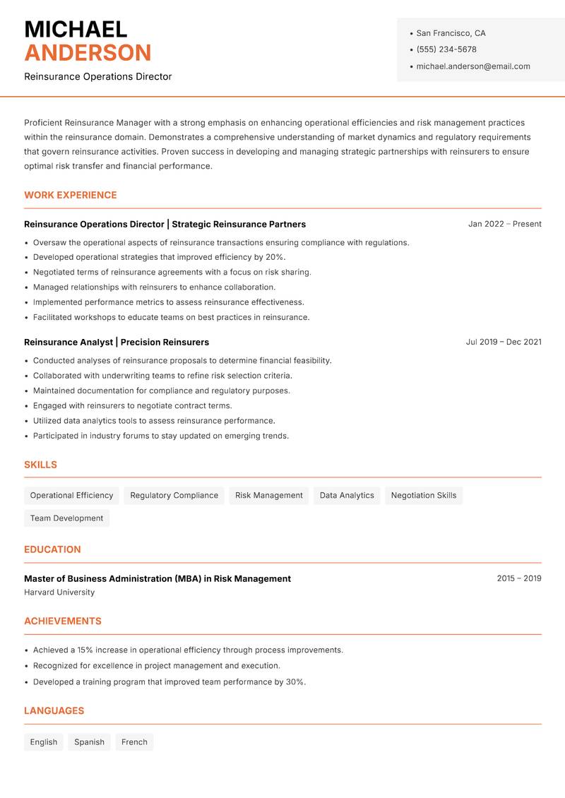 Reinsurance Manager Resume Template