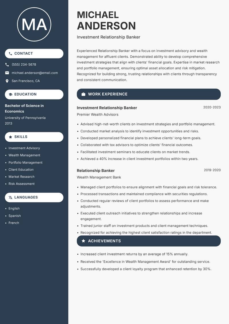 Relationship Banker Resume Preview Example