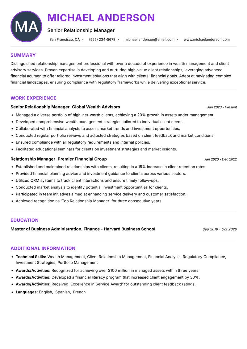Relationship Manager Wealth Resume Preview Example
