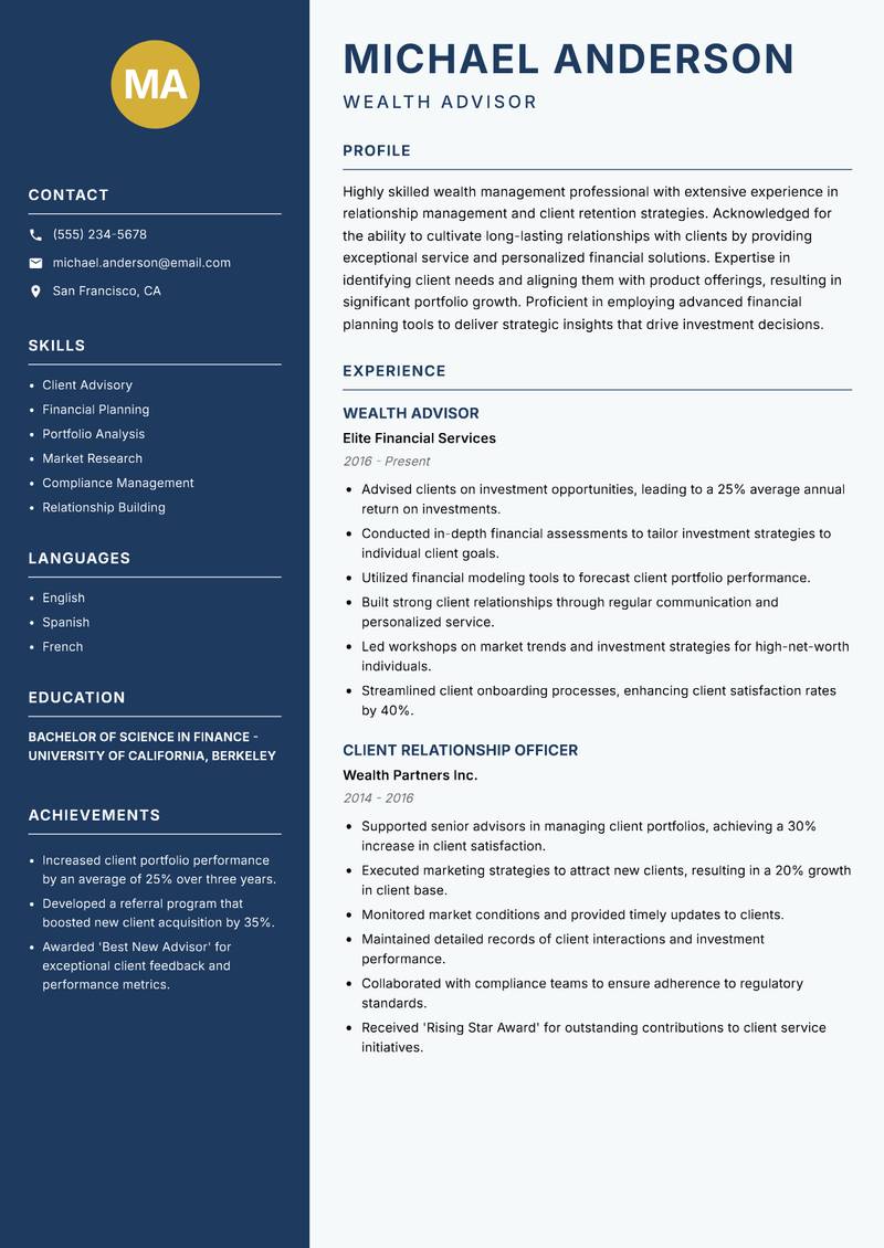 Relationship Manager Wealth Resume Preview Example
