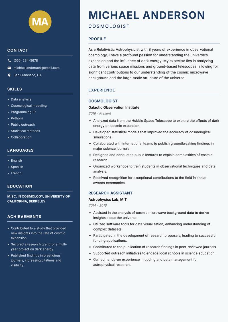Relativistic Astrophysicist Resume Preview Example