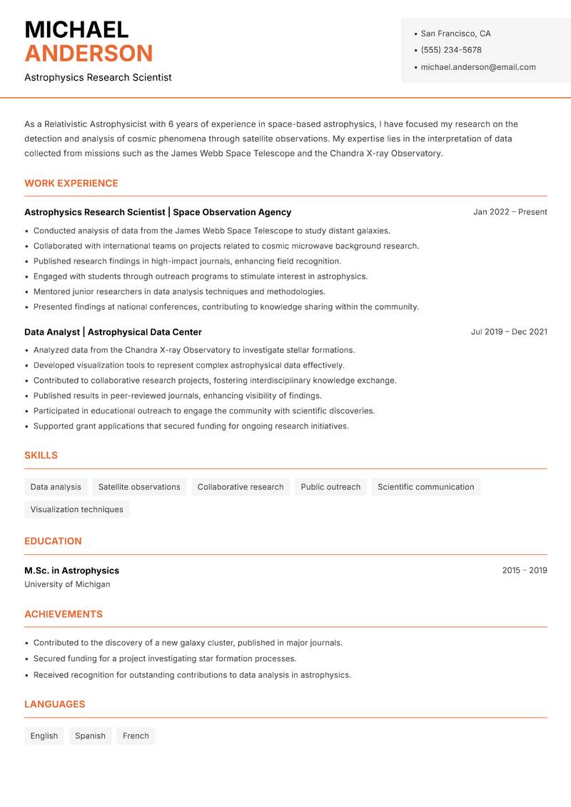 Relativistic Astrophysicist Resume Template