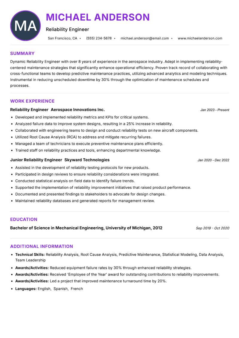 Reliability Engineer Resume Preview Example